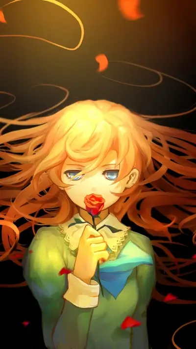 Girl with flowing hair holding a rose