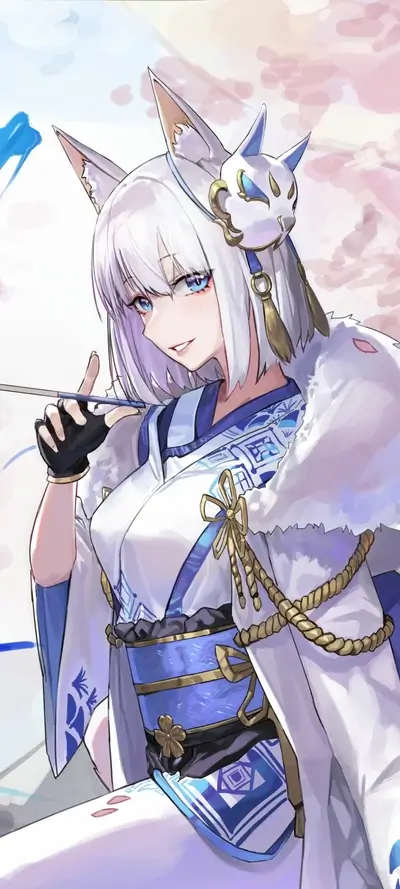 Girl with fox ears in a kimono-style dress