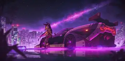 Girl with futuristic car in a neon city at night