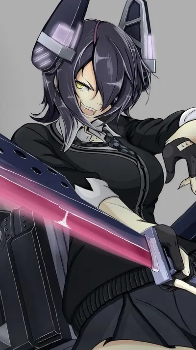 Girl with futuristic headgear and weapon