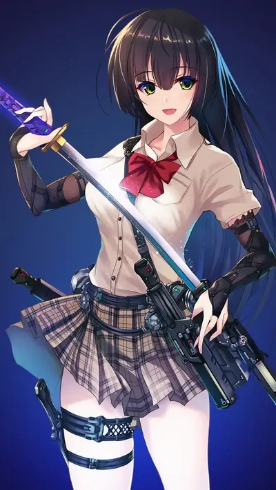 Girl with futuristic weapons and school uniform