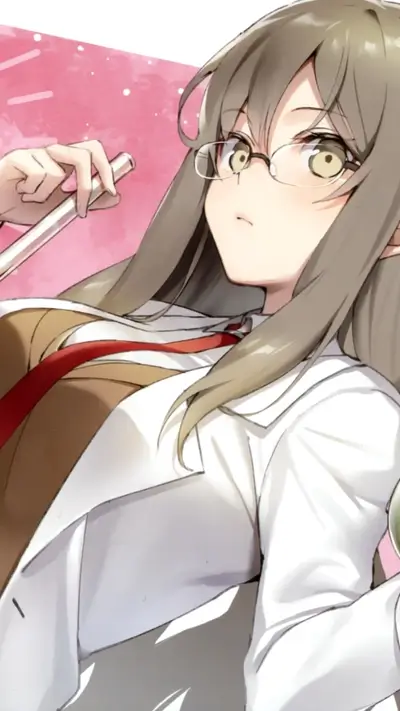 Girl with glasses and lab coat holding a pen