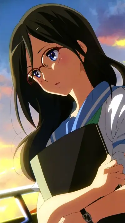Girl with glasses holding a book, sunset background
