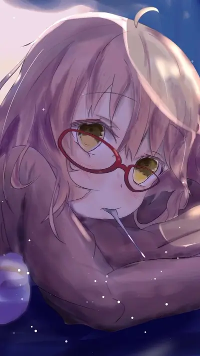 Girl with glasses, lying down, looking down