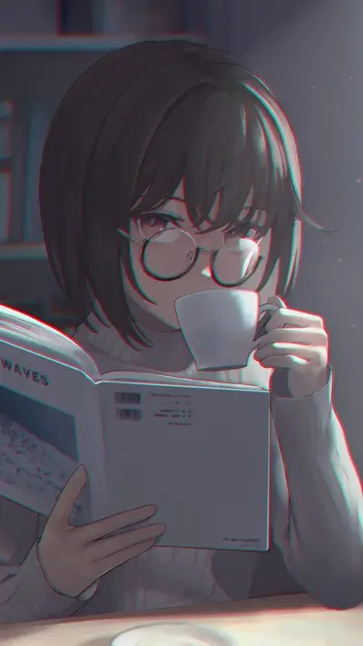 Girl with glasses reading a book and drinking coffee