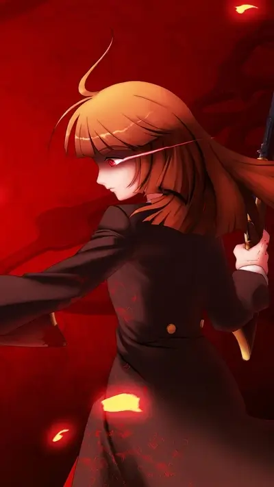 Girl with golden hair in a black suit holding a rifle.