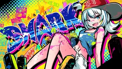Girl with graffiti style background and spray cans