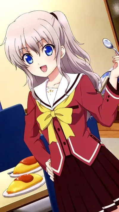 Girl with gray hair and red uniform eating omurice