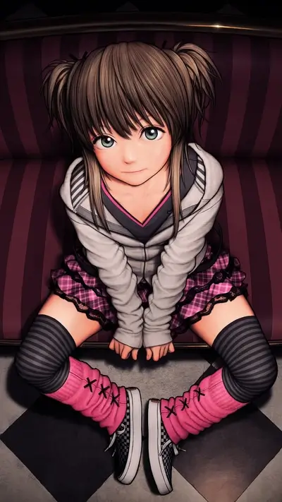 Girl with green eyes sitting on the sofa, looking upwards.