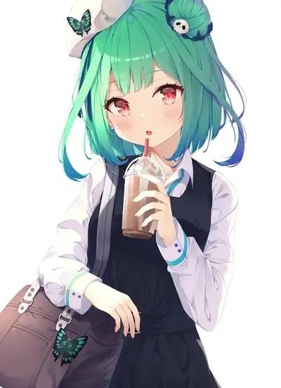 Girl with green hair drinking a brown drink