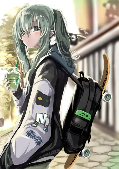 Girl with green hair holding a matcha drink