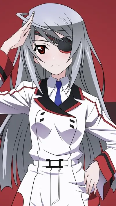 Girl with grey hair and red eyes in a uniform is saluting