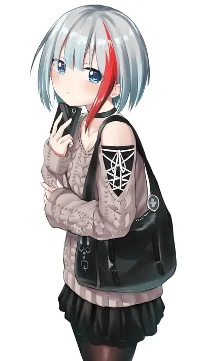 Girl with grey hair and red streak holding phone