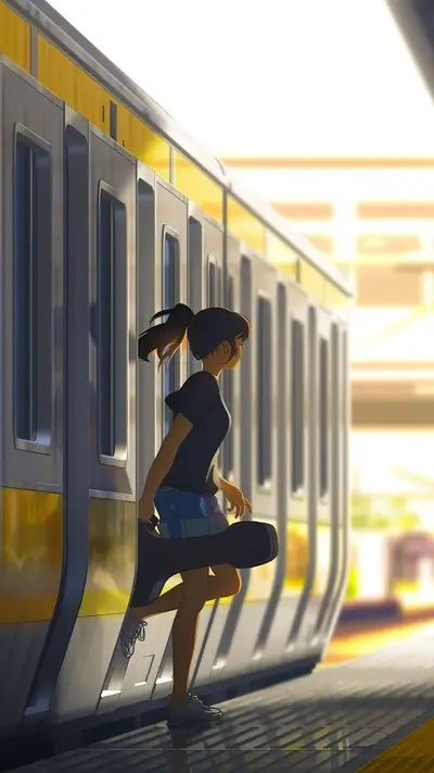 Girl with guitar case at train station on sunny day, waiting