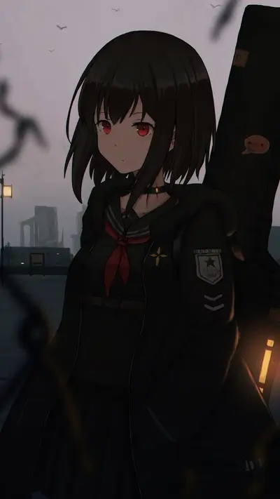 Girl with guitar in a dark city
