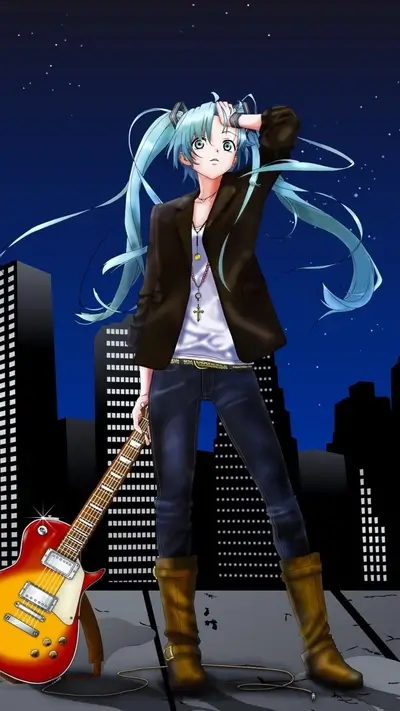 Girl with guitar in city at night