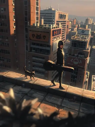 Girl with guitar on rooftop overlooking city