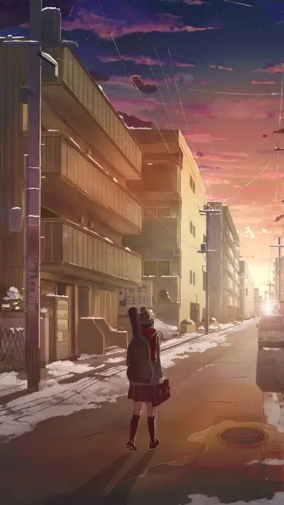 Girl with guitar walks down snowy city street