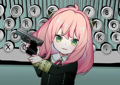 Girl with gun in front of typewriter