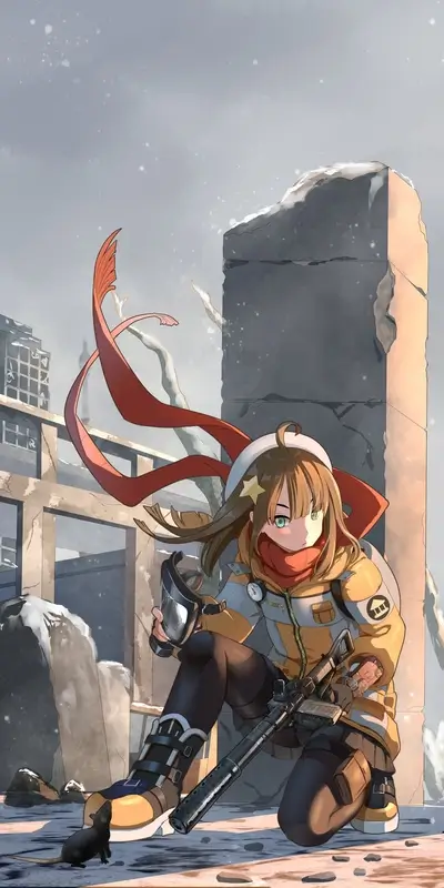 Girl with gun in ruined city