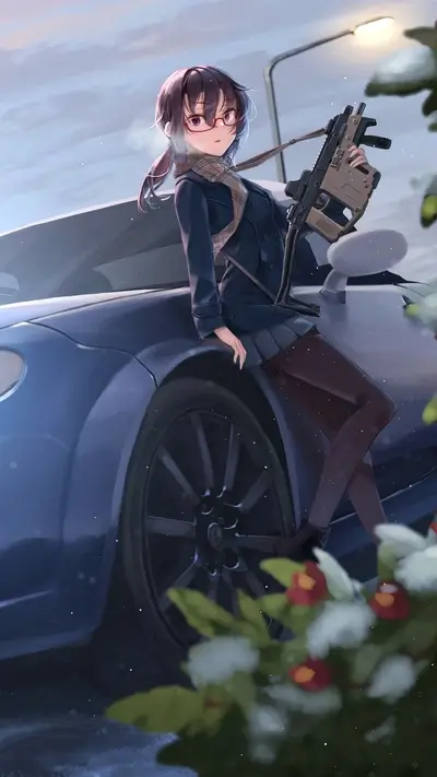 Girl with gun leaning against a car