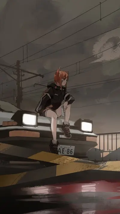 Girl with gun sitting on a car