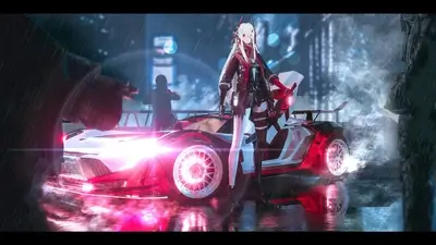 Girl with gun standing next to a sports car in the rain