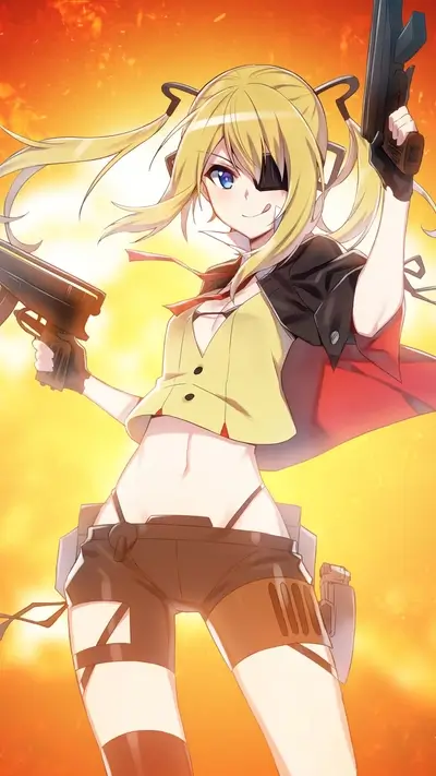 Girl with guns, blonde hair, and eyepatch