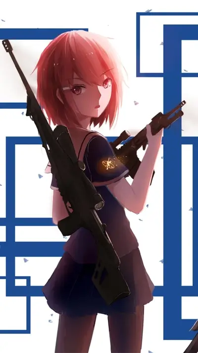 Girl with guns in a blue frame
