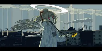 Girl with halo and wings holding a sunflower in an industrial setting