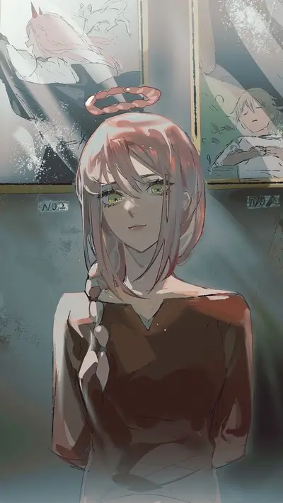 Girl with halo in front of paintings