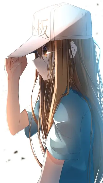 Girl with hat holding the brim and looking to the side