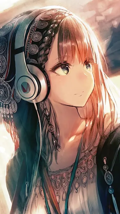 Girl with headphones and ethnic headdress