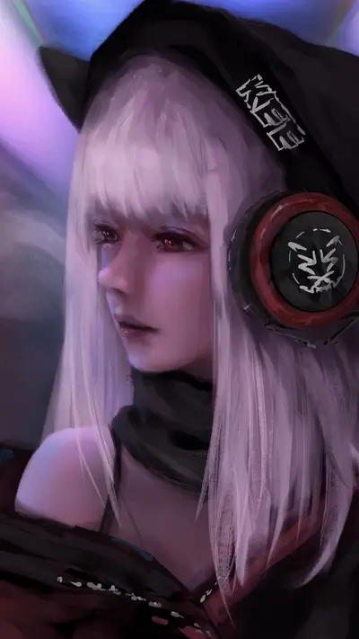 Girl with headphones and hood, purple tones