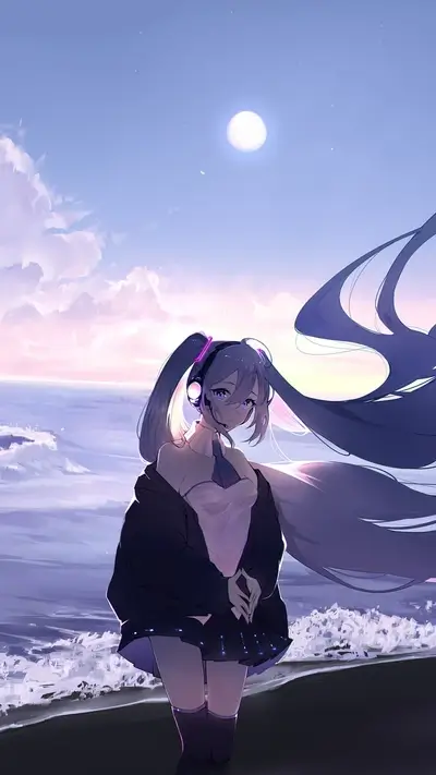 Girl with headphones by the sea