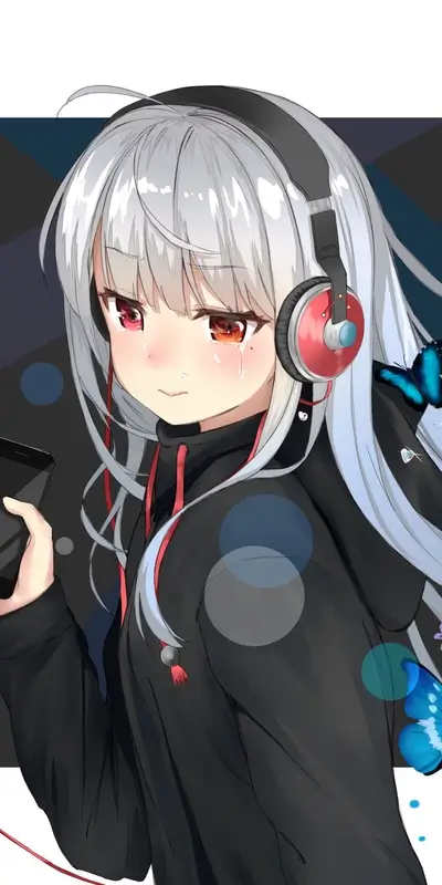 Girl with headphones crying