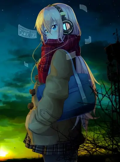 Girl with headphones listening to music at sunset