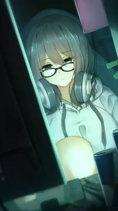 Girl with headphones playing games late at night