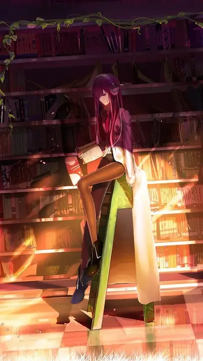 Girl with headphones reading a book on a ladder in a library