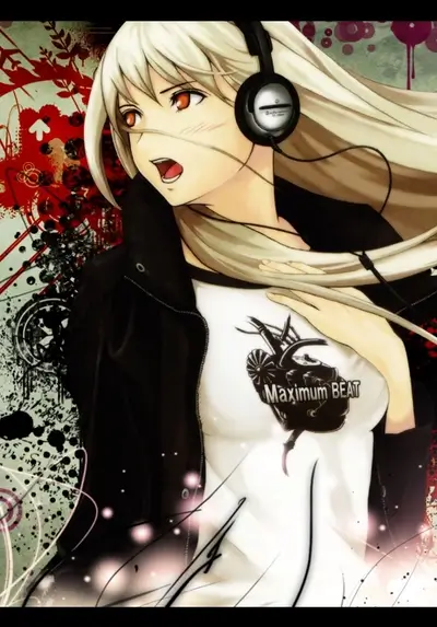 Girl with headphones, singing, wearing a jacket