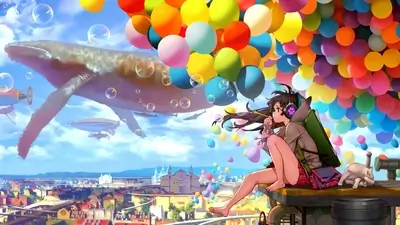 Girl with headphones sits on a rooftop, surrounded by colorful balloons
