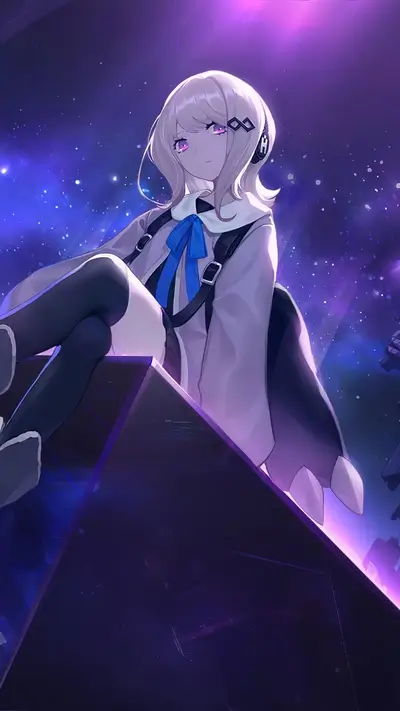 Girl with headphones sitting on a dark geometric structure