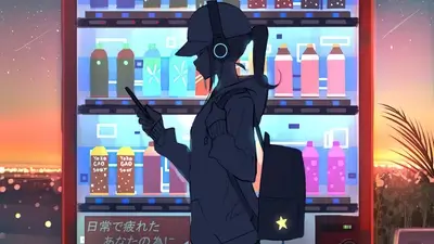 Girl with headphones using phone near vending machine at sunset