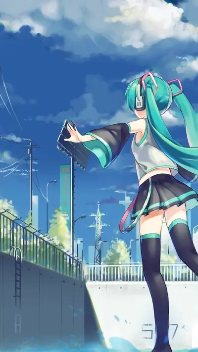 Girl with headphones walking near a fence