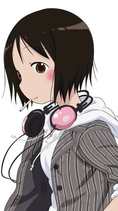 Girl with headphones, wearing a striped jacket