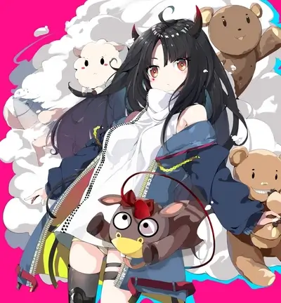 Girl with horns and stuffed animals