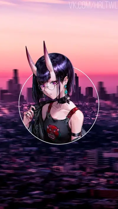 Girl with horns in a city at sunset