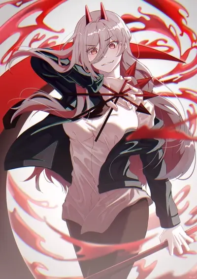 Girl with horns posing, surrounded by blood.