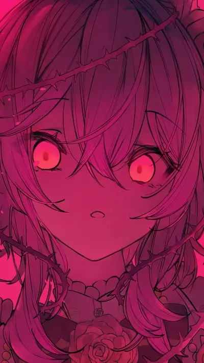 Girl with intense stare, surrounded by thorny vines and roses, dark and mysterious