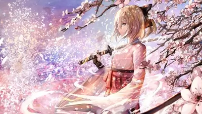 Girl with katana amid cherry blossoms, wearing pink and white kimono